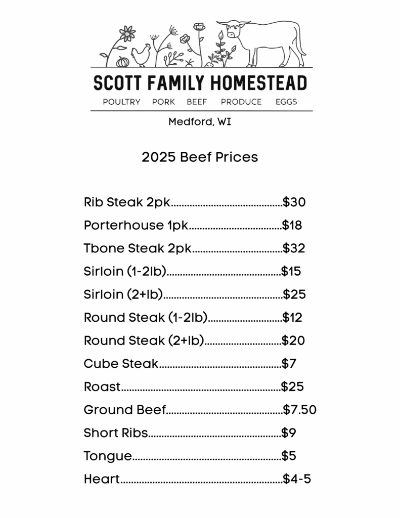 Scott Family Homestead beef pricing for 2025 in Medford Wisconsin