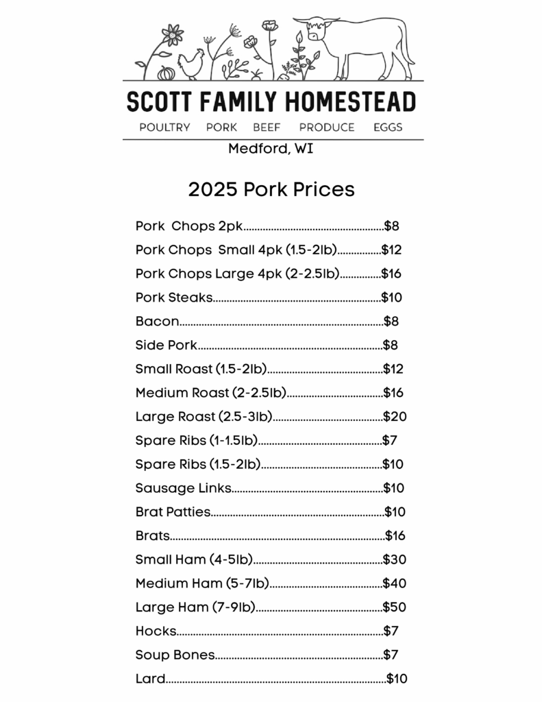 Pasture Raised Pork Prices for 2025 in Medford Wisconsin